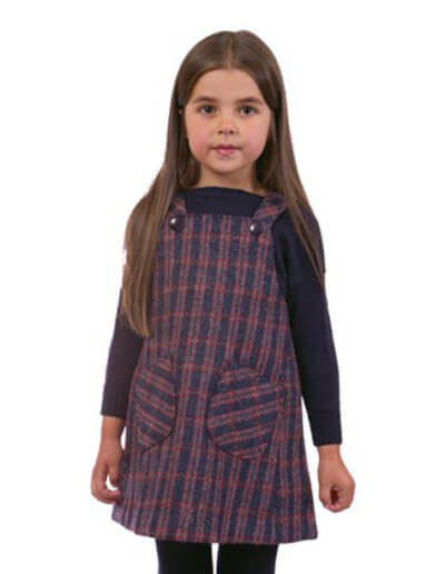 Children's A' line pinafore dress in Harris Tweed lined with 100% polyester (antistatic). A shorter length pinafore finishing above the knee. Sizes: Ages 4,6,8, and 10 years. Prices: From £38.00 (Style C).